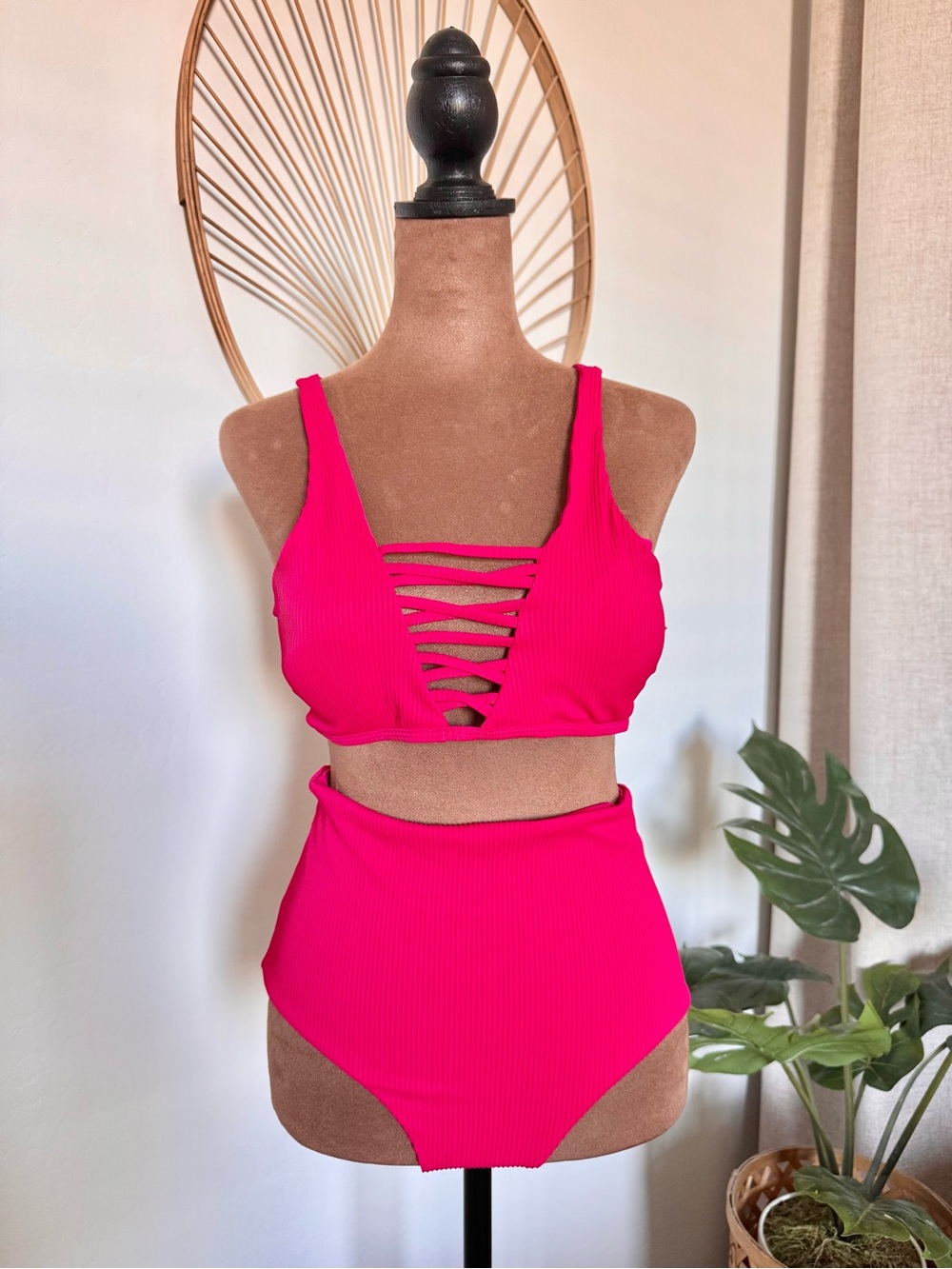 Women’s High-Waisted Strappy Ribbed Bikini - Lipstick Red